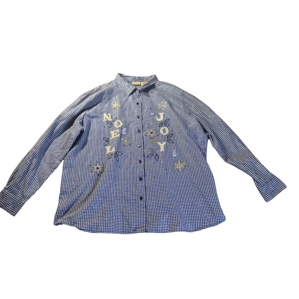 Bobbie Brooks Noel Joy‎ Womens 22W 24W Blue Gingham Christmas Button Front Shirt